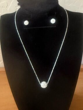 Silver Tone Necklace & Stud Earrings Set Pavé Pendant Adjustable 16.5”+ Extender